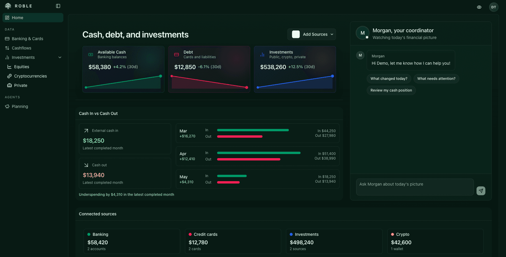 Roble Home workspace in dark mode with left navigation, cash, debt, investments, Morgan, and connected sources.